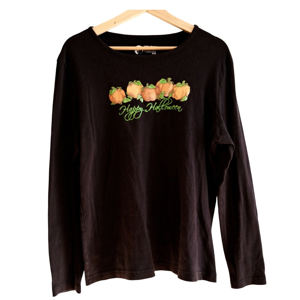 Holiday Editions XL Black‎ Happy Halloween Pumpkin Graphic Top Retro Pop Art 90s